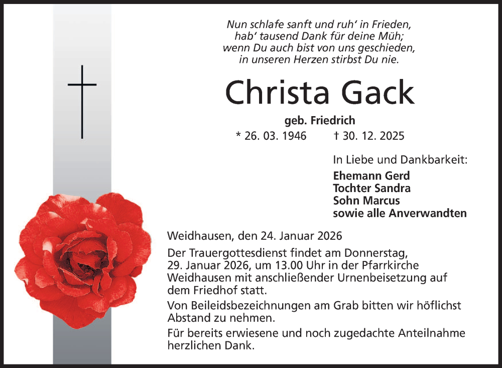  Traueranzeige für Christa Gack vom 24.01.2026 aus Neue Presse Coburg