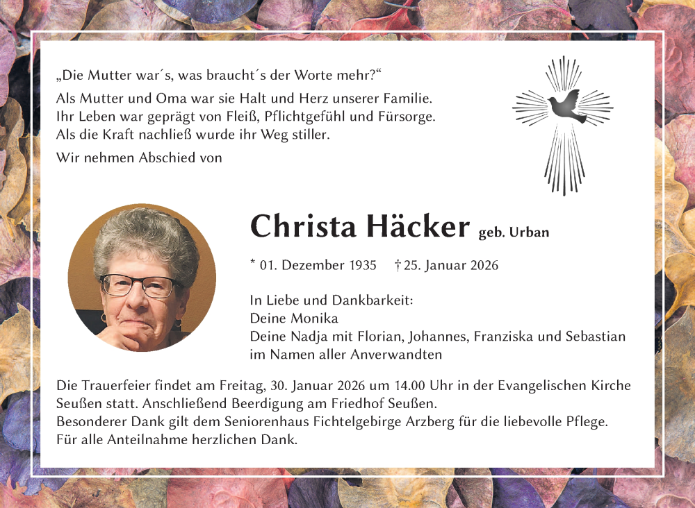  Traueranzeige für Christa Häcker vom 29.01.2026 aus Frankenpost