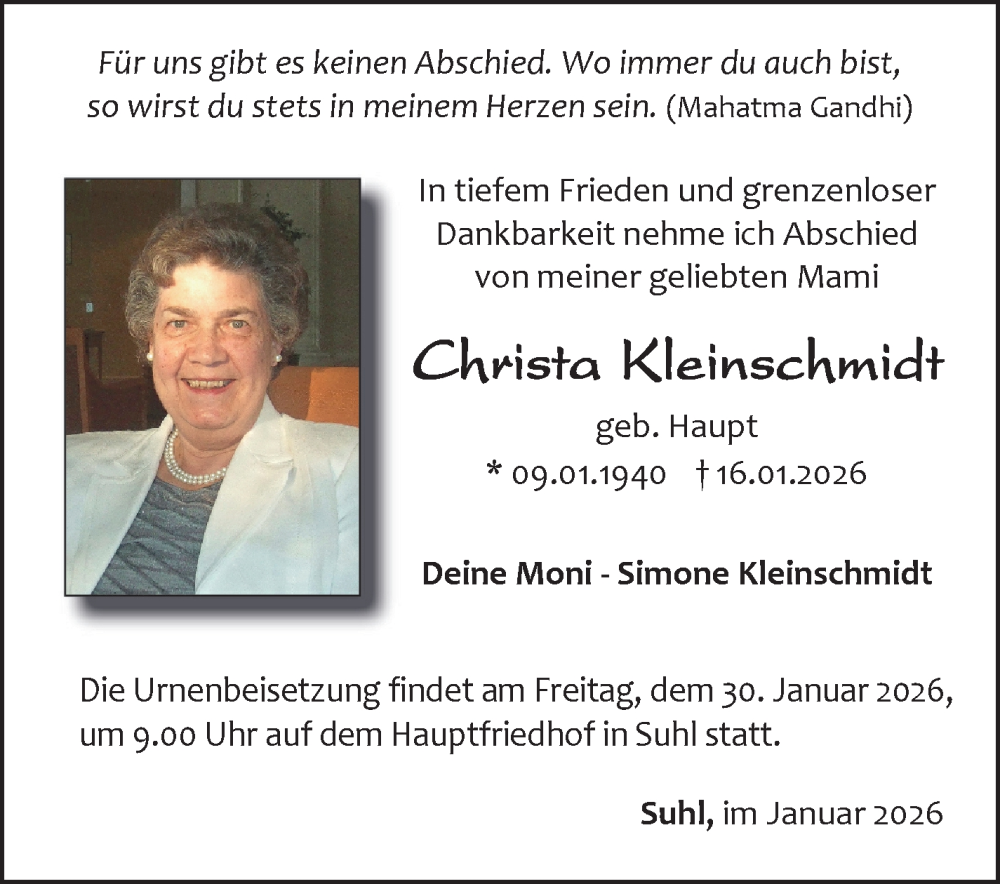  Traueranzeige für Christa Kleinschmidt vom 24.01.2026 aus Südthüringer Presse