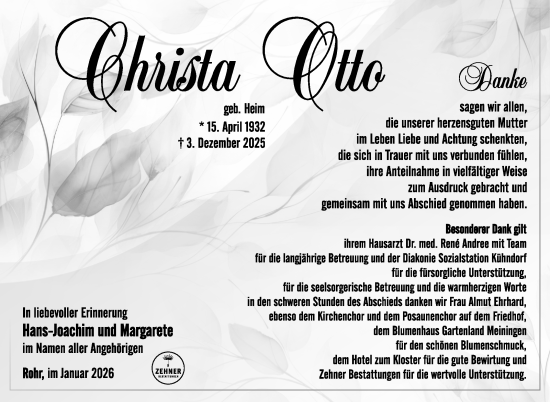 Traueranzeige von Christa Otto von Südthüringer Presse