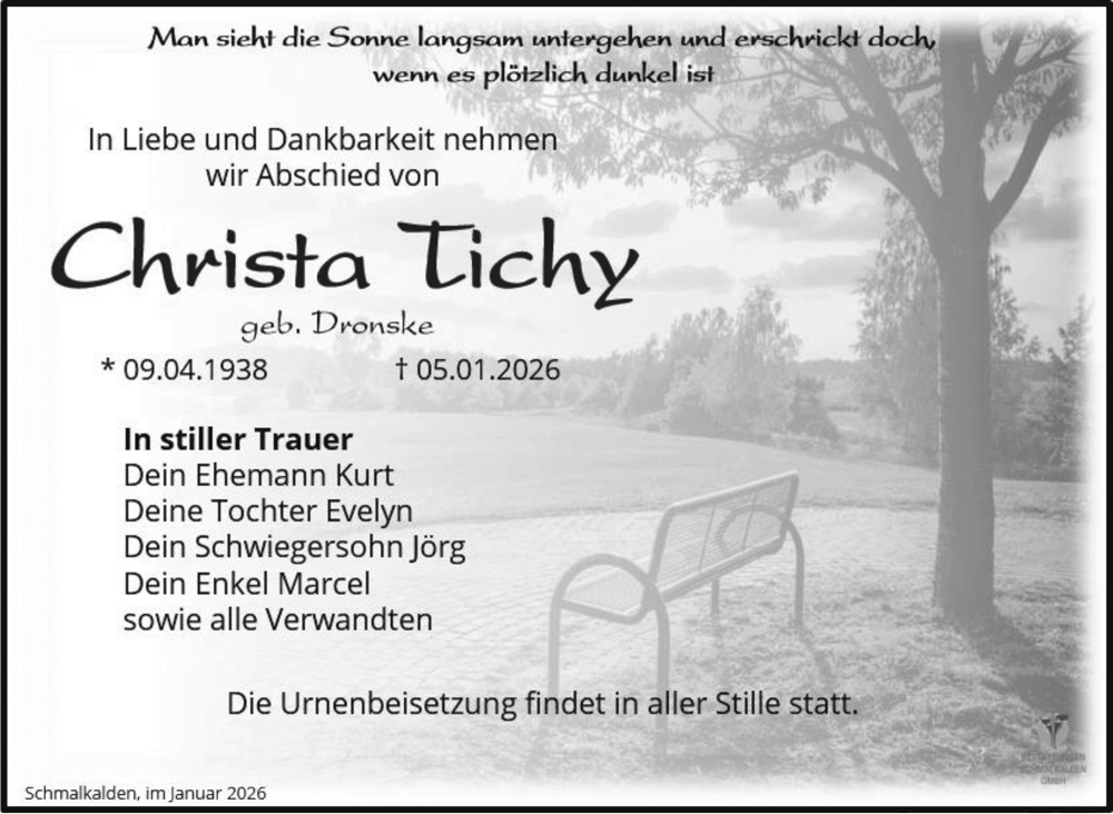  Traueranzeige für Christa Tichy vom 10.01.2026 aus Südthüringer Presse