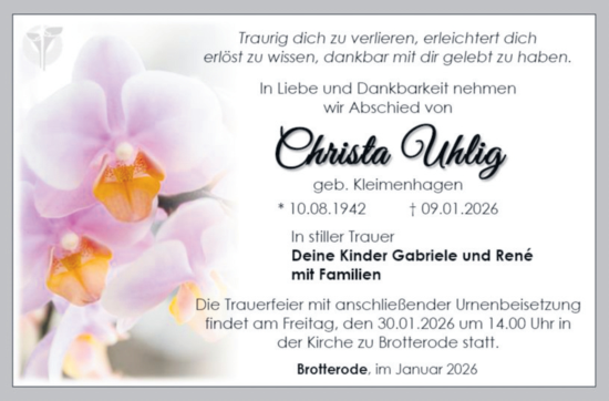 Traueranzeige von Christa Uhlig von Südthüringer Presse