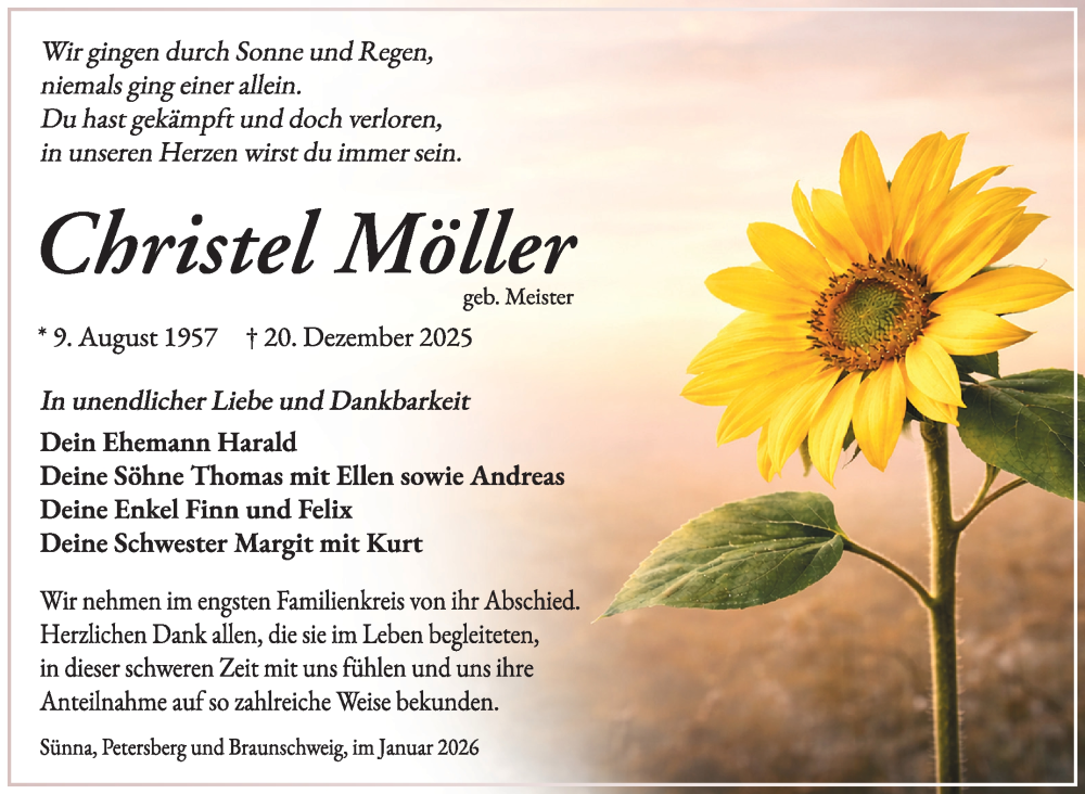  Traueranzeige für Christel Möller vom 10.01.2026 aus Südthüringer Presse