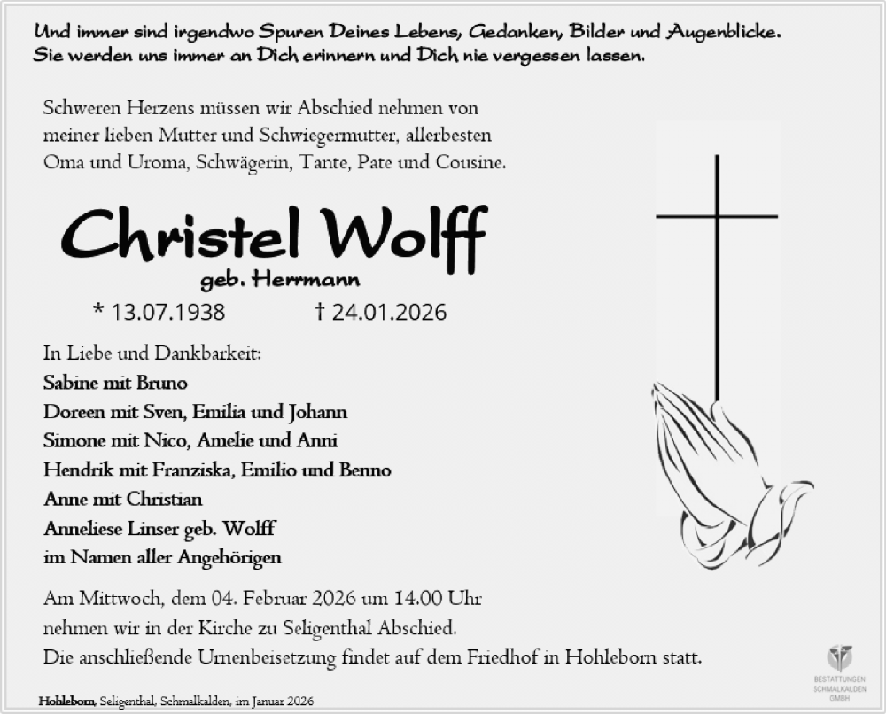  Traueranzeige für Christel Wolff vom 31.01.2026 aus Südthüringer Presse