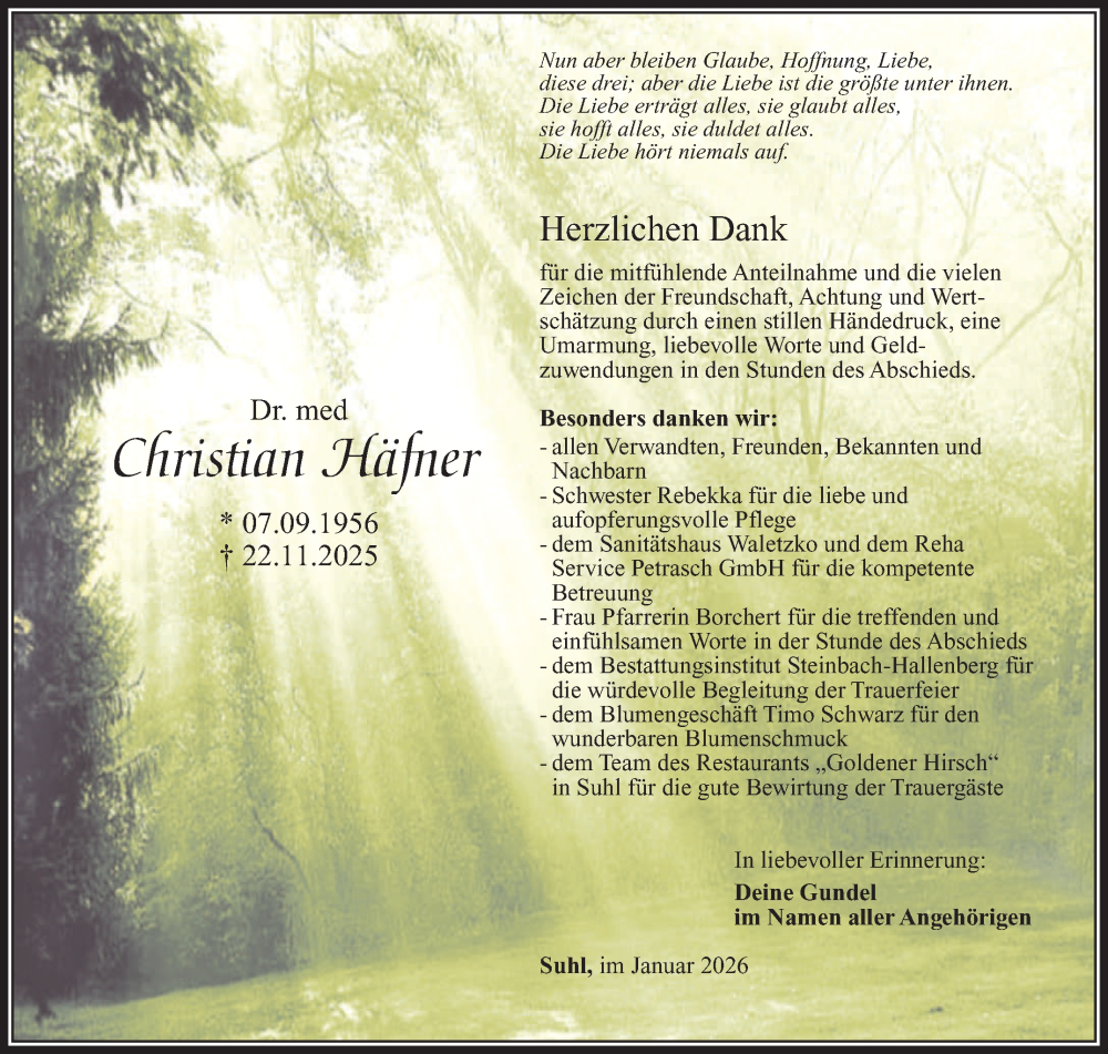 Traueranzeige für Christian Häfner vom 03.01.2026 aus Südthüringer Presse
