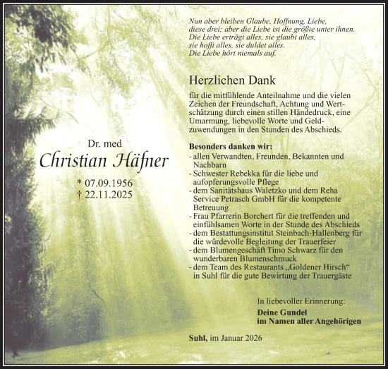 Traueranzeige von Christian Häfner von Südthüringer Presse