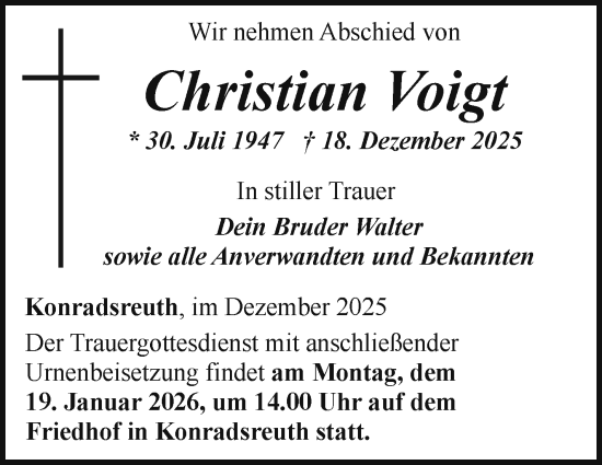 Traueranzeige von Christian Voigt von Frankenpost