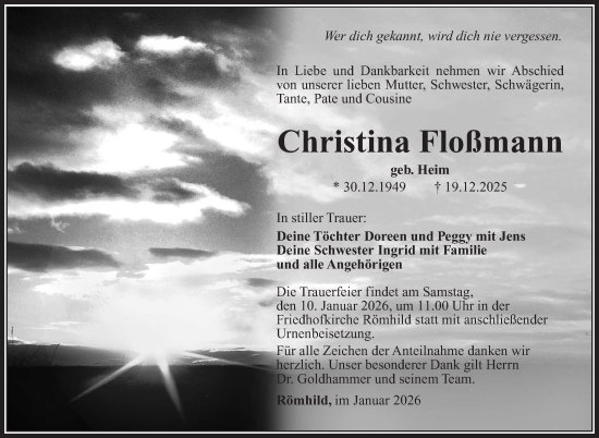 Traueranzeige von Christina Floßmann von Südthüringer Presse
