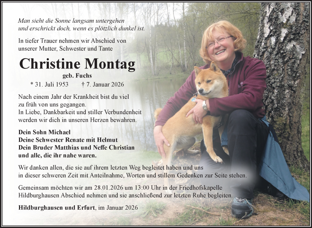  Traueranzeige für Christine Montag vom 17.01.2026 aus Südthüringer Presse