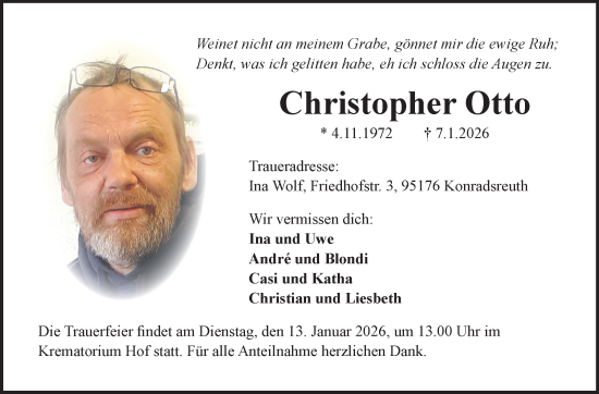 Traueranzeige von Christopher Otto von Frankenpost