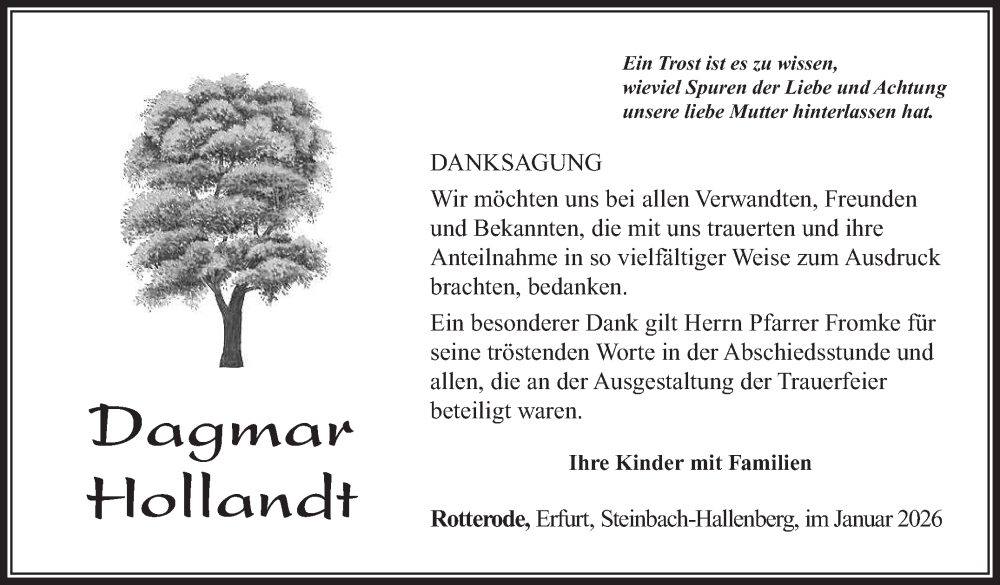  Traueranzeige für Dagmar Hollandt vom 17.01.2026 aus Südthüringer Presse