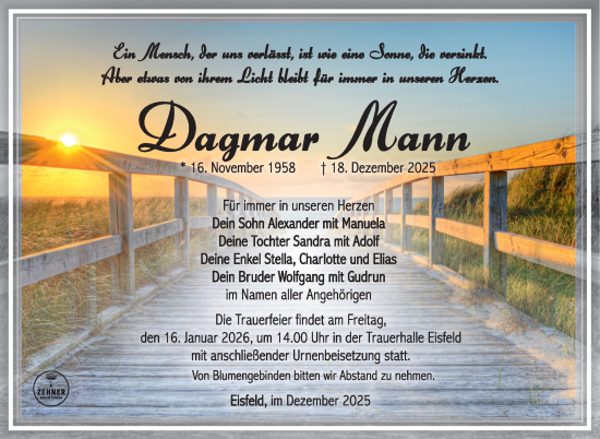 Traueranzeige von Dagmar Mann von Südthüringer Presse