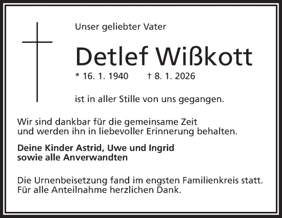 Traueranzeige von Detlef Wißkott von Frankenpost