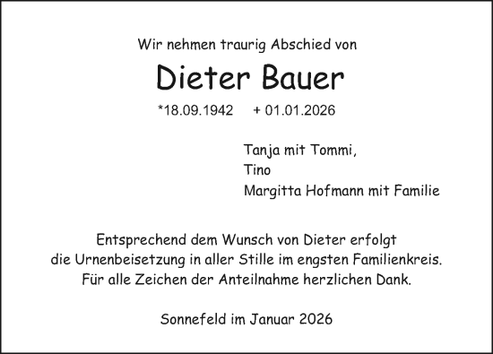 Traueranzeige von Dieter Bauer von Neue Presse Coburg