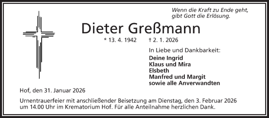 Traueranzeige von Dieter Greßmann von Frankenpost