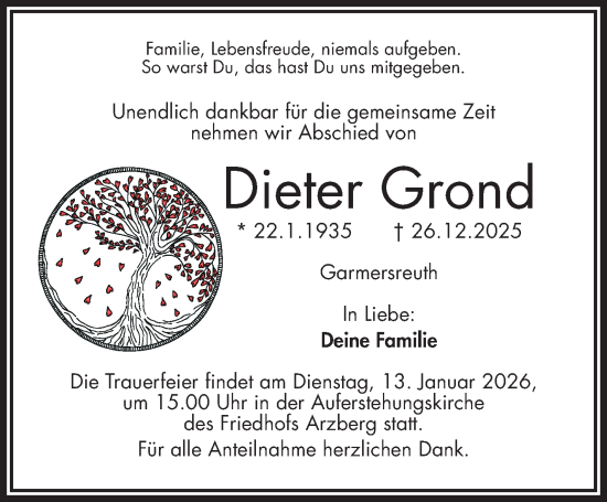 Traueranzeige von Dieter Grond von Frankenpost