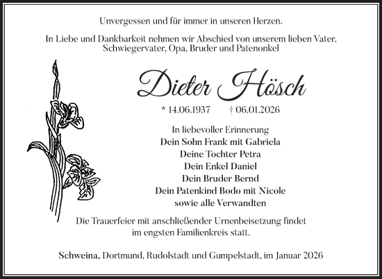 Traueranzeige von Dieter Hösch von Südthüringer Presse