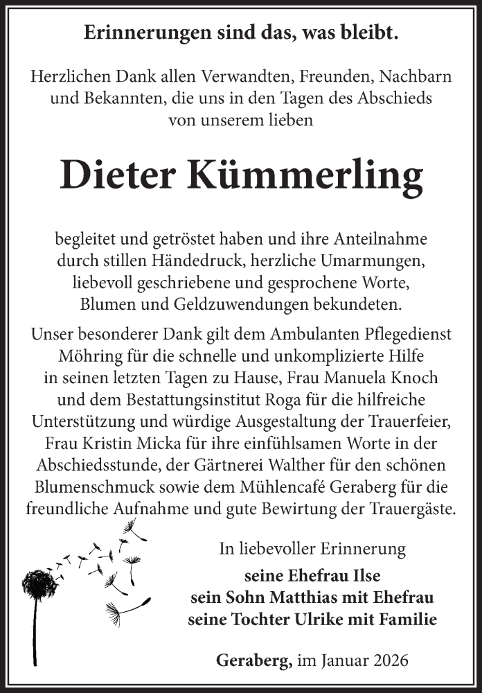  Traueranzeige für Dieter Kümmerling vom 24.01.2026 aus Südthüringer Presse