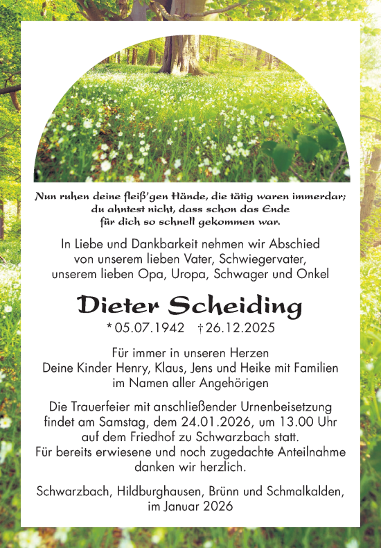 Traueranzeige von Dieter Scheiding von Südthüringer Presse