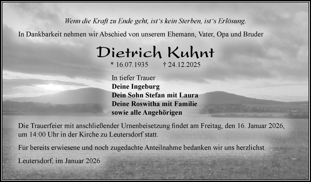  Traueranzeige für Dietrich Kuhnt vom 10.01.2026 aus Südthüringer Presse