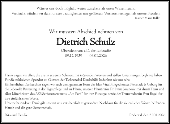 Traueranzeige von Dietrich Schulz von Neue Presse Coburg