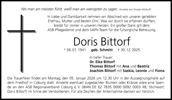 Traueranzeige von Doris Bittorf von Neue Presse Coburg