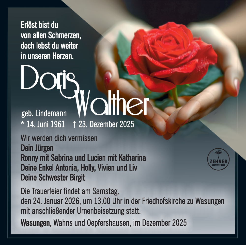  Traueranzeige für Doris Walther vom 17.01.2026 aus Südthüringer Presse