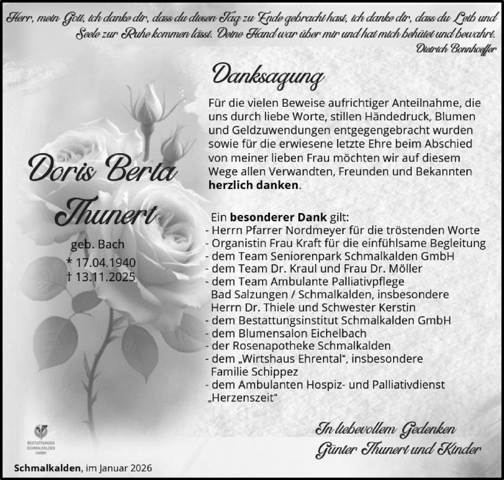  Traueranzeige für Doris Berta Thunert vom 17.01.2026 aus Südthüringer Presse