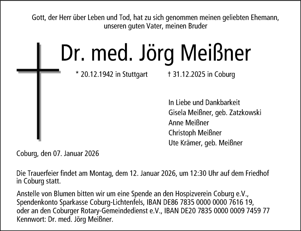  Traueranzeige für Dr. med. Jörg Meißner vom 07.01.2026 aus Neue Presse Coburg