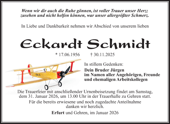 Traueranzeige von Eckardt Schmidt von Südthüringer Presse