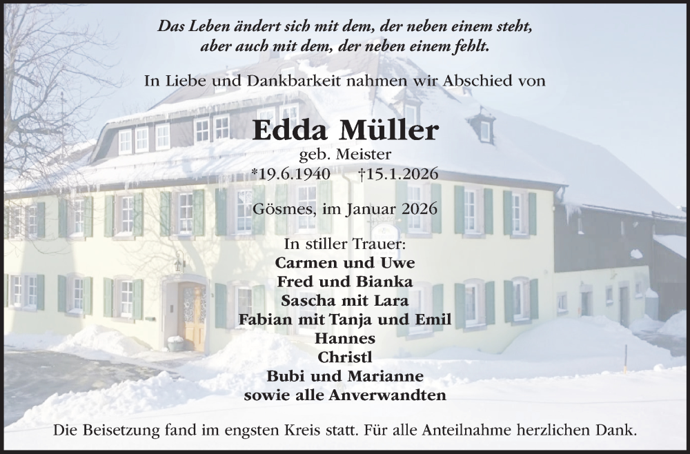  Traueranzeige für Edda Müller vom 24.01.2026 aus Frankenpost