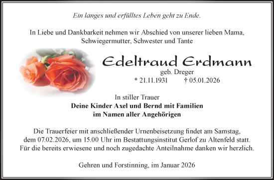 Traueranzeige von Edeltraud Erdmann von Südthüringer Presse