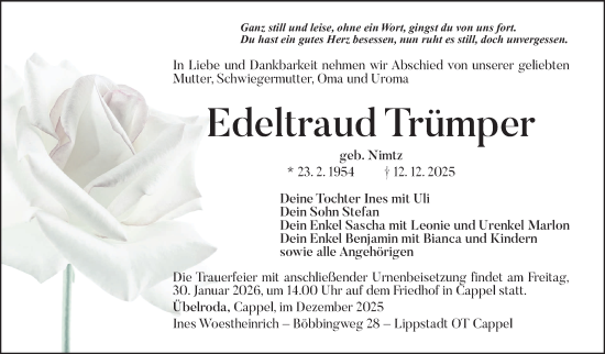 Traueranzeige von Edeltraud Trümper von Südthüringer Presse