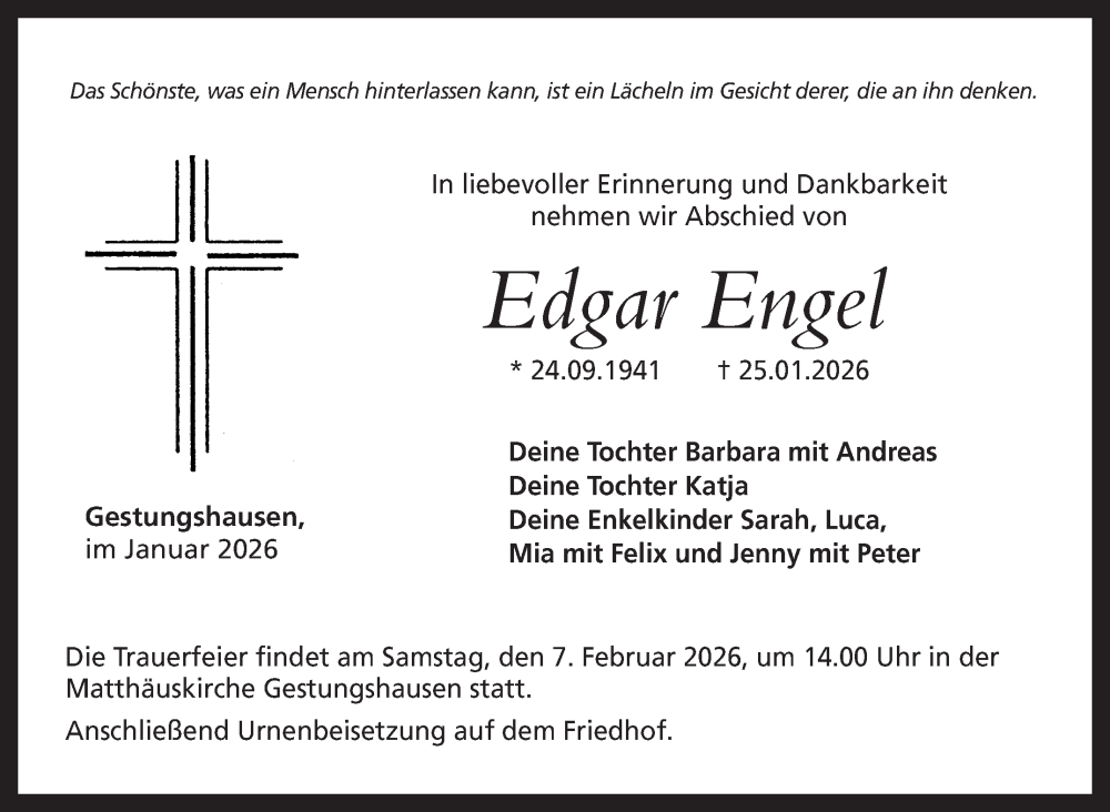  Traueranzeige für Edgar Engel vom 31.01.2026 aus Neue Presse Coburg