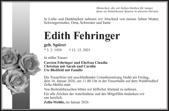Traueranzeige von Edith Fehringer von Südthüringer Presse
