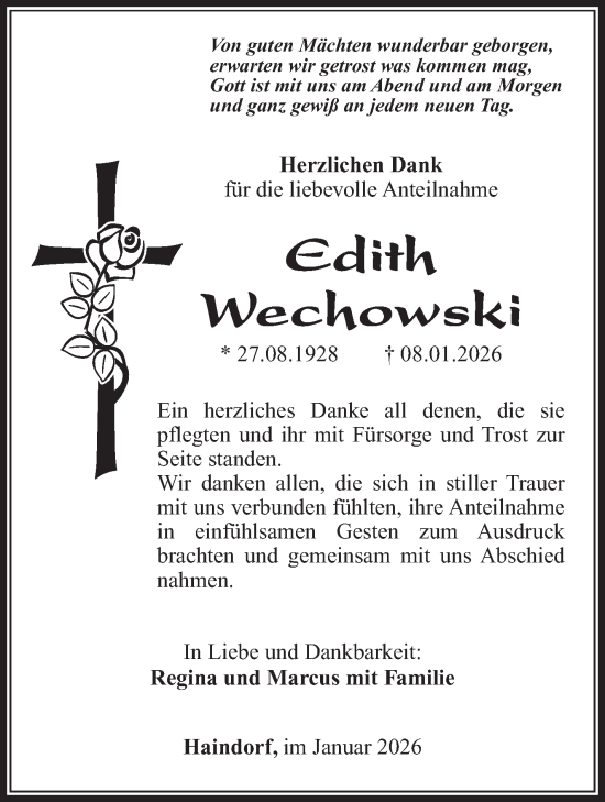 Traueranzeige von Edith Wechowski von Südthüringer Presse