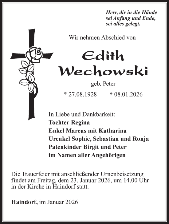 Traueranzeige von Edith Wechowski von Südthüringer Presse