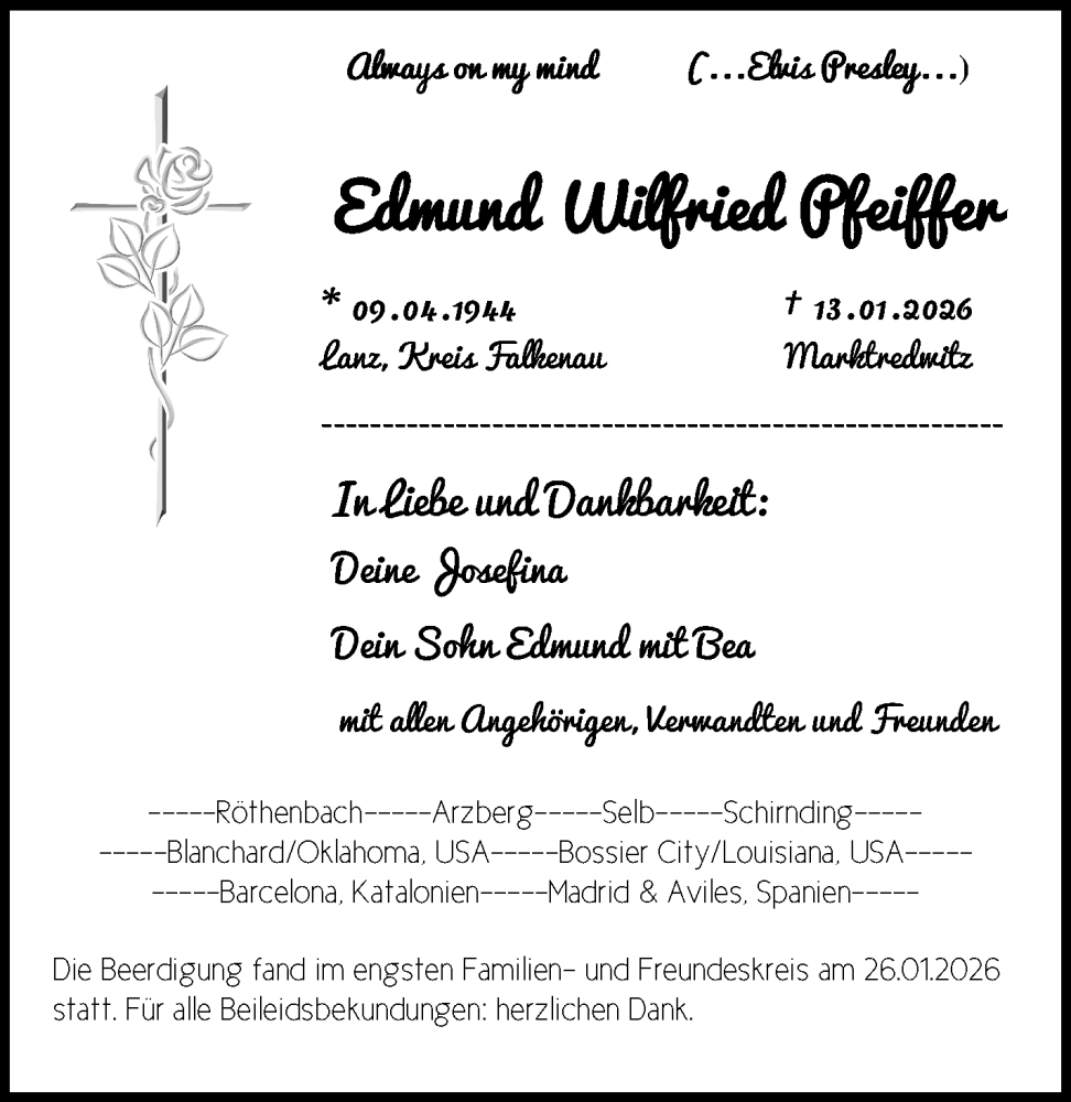  Traueranzeige für Edmund Pfeiffer vom 31.01.2026 aus Frankenpost