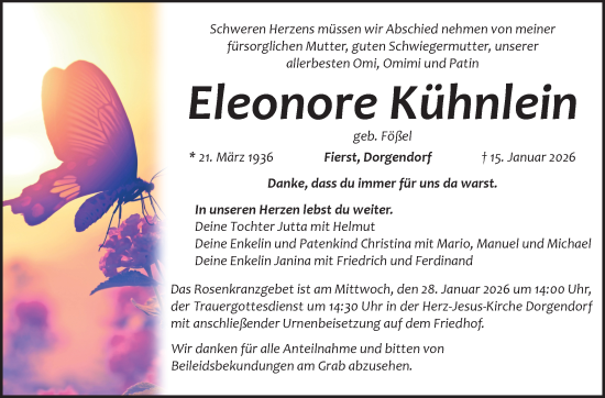 Traueranzeige von Eleonore Kühnlein von Neue Presse Coburg