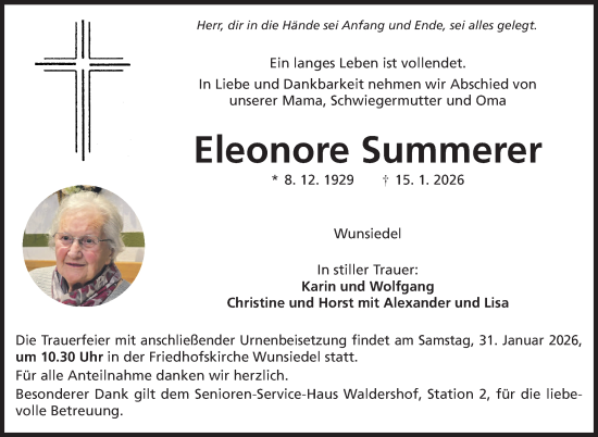Traueranzeige von Eleonore Summerer von Frankenpost