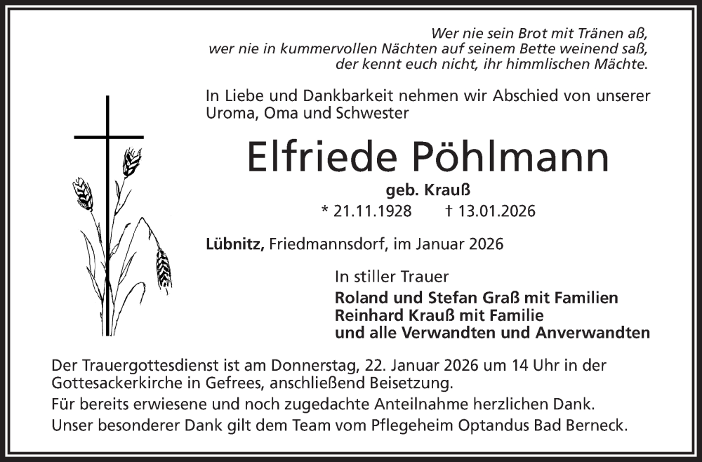  Traueranzeige für Elfriede Pöhlmann vom 17.01.2026 aus Frankenpost