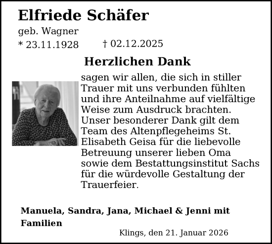 Traueranzeige von Elfriede Schäfer von Südthüringer Presse
