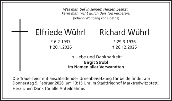 Traueranzeige von Elfriede Wührl von Frankenpost