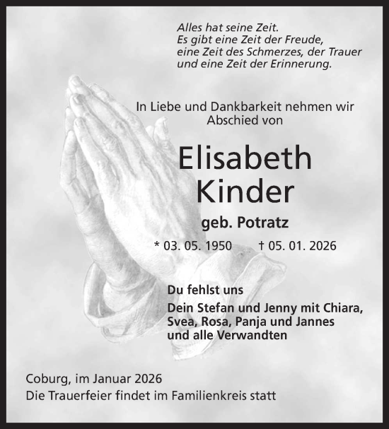 Traueranzeige von Elisabeth Kinder von Neue Presse Coburg