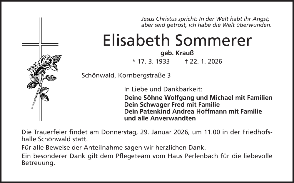  Traueranzeige für Elisabeth Sommerer vom 27.01.2026 aus Frankenpost