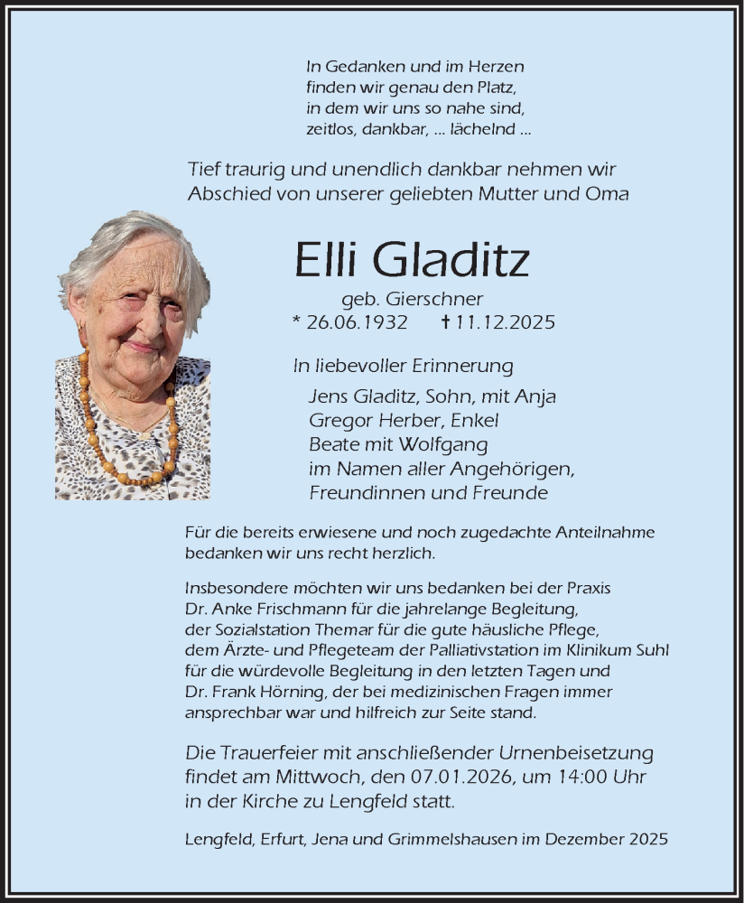  Traueranzeige für Elli Gladitz vom 03.01.2026 aus Südthüringer Presse