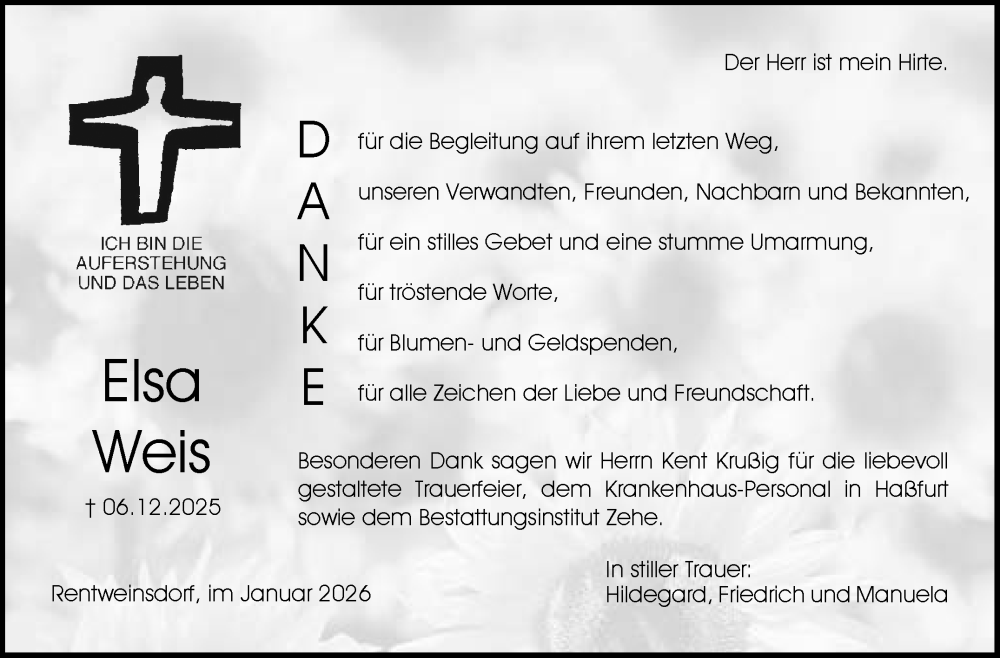  Traueranzeige für Elsa Weis vom 17.01.2026 aus Neue Presse Coburg