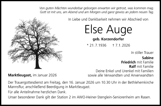 Traueranzeige von Else Auge von Frankenpost