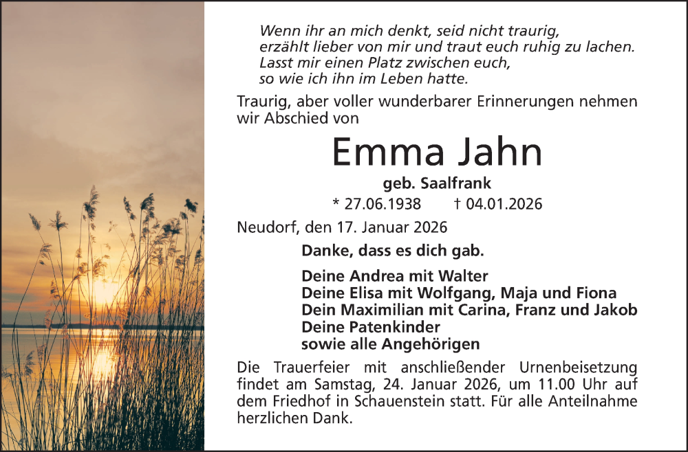  Traueranzeige für Emma Jahn vom 17.01.2026 aus Frankenpost