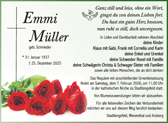 Traueranzeige von Emma Müller von Südthüringer Presse